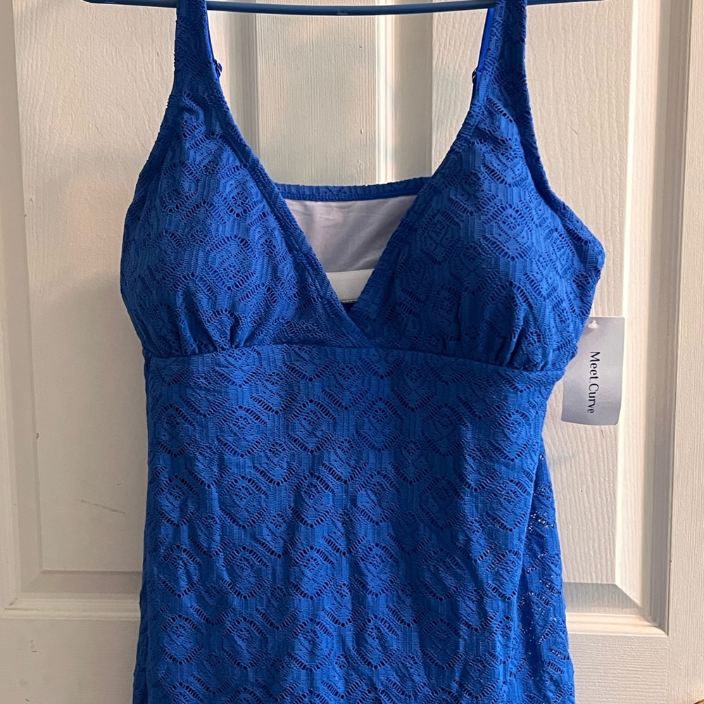 Blue Crochet Side Slit V-Neck Graceful Swimdress Brand New
